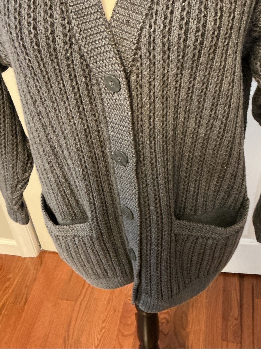 Cozy Ribbed Gray V-Neck Button Cardigan - Picture 3 of 5